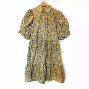 Hunkon Flower Puff Sleeve Cottagecore Ruffled‎ Button Down Shirt Dress Size XS